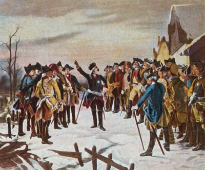 1757 年 12 月 5 日，腓特烈大帝在莱顿战役前一天晚上向他的将军们发表的讲话（增强型彩色石版画） 作者 