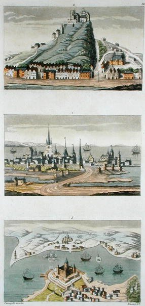 斯堪的纳维亚港口（从上到下：哥本哈根、塞格堡和松德堡），约1800-15年，板块50来自朱尔斯-费拉里奥的《古代和现代服装》，由安吉洛-比亚索利（1790-1830）雕刻，约1820-30年代出版（彩色平印）。 作者 Fumagalli (after)