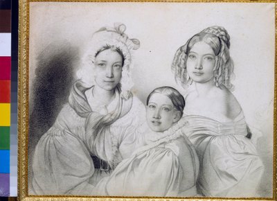 普拉斯科维娅（1817-1835 年）、娜杰日达（1822-1840 年）和玛丽亚（1813-1849 年）女伯爵肖像，俄罗斯王子皮奥特-维亚泽姆斯基（皮埃尔-维亚泽姆斯基）（1792-1878 年）的女仆 - 费奥多尔（费德里奥）-布鲁尼（1799-1875 年）的绘画作品 作者 Fyodor Bruni
