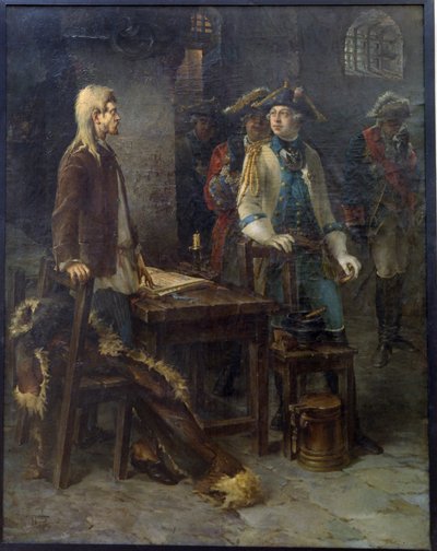 "沙皇皮埃尔三世 1762 年（1728-1762 年）在施利塞尔堡要塞探望伊凡六世（1740-1764 年）" 彼得三世皇帝 1762 年在施利塞尔堡要塞探望伊凡六世-安东诺维奇 - Peinture de Fyodor Yemelyanovich 作者 费奥多尔·叶梅利亚诺维奇·布罗夫