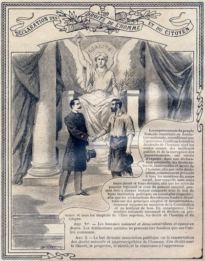 1789年：《人与公民的权利宣言》 :平等......"。雕刻在 "Le livre unique de morale et d