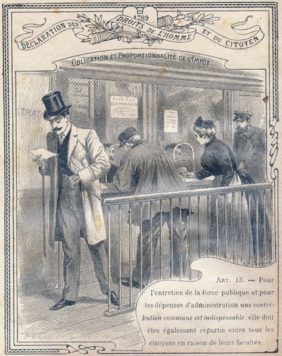 1789年：《人和公民的权利宣言》:税收的义务和相称性。雕刻在 "Le livre unique de morale et d