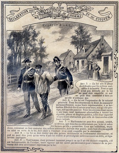 1789年：《人和公民的权利宣言》:对法律的尊重 .雕刻在 "Le livre unique de morale et d