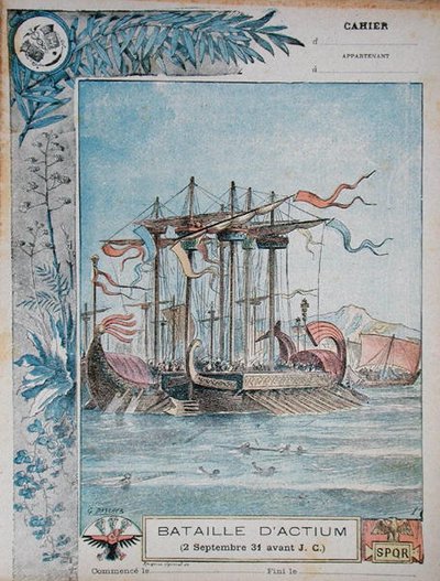 学校练习册的封面，说明公元前31年9月2日的阿克提姆战役，约1900年（彩色平印）。 作者 G.达舍尔