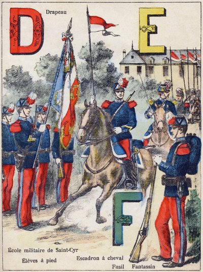 Letters D E F: Flag, Military School of Saint-Cyr (Saint Cyr), Eleves on foot, Horse Squadron, Rifle and Fantassin, c.1900 (lithograph) 作者 G.达舍尔