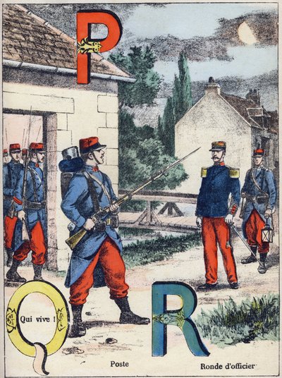 字母P、Q和R：邮政，Qui vive！和军官圆。在 "军事字母表 "中的雕刻，Grand-Bebe系列。雕刻。Pont-a-Mousson成像。路易斯-瓦涅，印刷商-出版商，约1900年。G. Dascher的插图。20页。尺寸：31.5x24.5厘米 作者 G.达舍尔