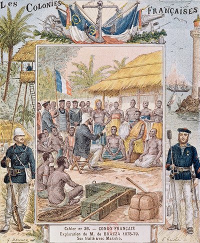 M. de Brazza的探索（1875-79）他与Makoko的条约，来自&39;Les Colonies Francaises&39;的插图 作者 G.达舍尔