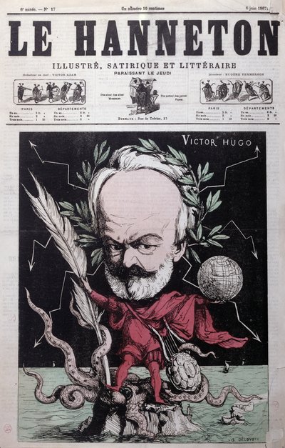维克多·雨果（1802-85）的漫画作为宙斯在1867年6月从Le Hanneton的封面流亡到格恩西岛 作者 G.德洛约蒂