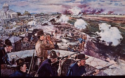 1898年美西战争，美国炮兵在菲律宾作战（纸上水彩）。 作者 GW·彼得斯