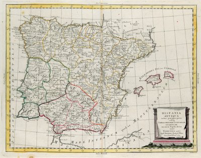 古代西班牙分为三个不同的地区，即Terraconensis、Lusitania和Baetica，也分为不同的民族，G. Zuliani的雕刻，取自Antonio Zatta于1785年在威尼斯出版的《最新地图集》第一册，私人收藏。 作者 祖利亚尼