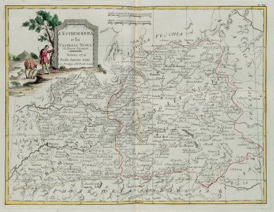Extremadura和Castilla la Nueva，由Zuliani雕刻，拍摄自1776年威尼斯出版的最新地图册的Tome I作者：Antonio Zatta，私人收藏 作者 祖利亚尼