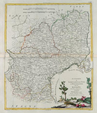 Langedoc，Foix和Roussillon与Rouergue的政府，雕刻由G. Zuliani拍摄于1777年在威尼斯出版的最新地图册的Tome I，作者：Antonio Zatta，私人收藏 作者 祖利亚尼