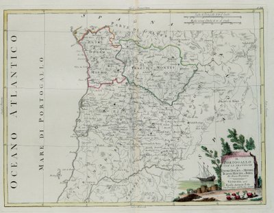 葡萄牙，即Entre Douro，Minho，Traz-os-Montes和Beir的省份，由Zuliani拍摄，拍摄于1776年由Antonio Zatta，Private Coll在威尼斯出版的最新地图册的Tome I 作者 祖利亚尼