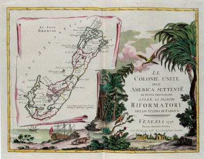 百慕大群岛和北美联合殖民地部分的正面图，由 G. Zuliani 雕刻，取自安东尼奥·扎塔于 1778 年在威尼斯出版的“最新地图集”的 Tome I，私人收藏 作者 祖利亚尼