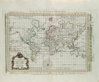 世界地图和地球的总体描述，缩减为一幅图片，由G. Zuliani雕刻，取自Antonio Zatta于1774年在威尼斯出版的 "最新地图集 "的第一册。 作者 祖利亚尼