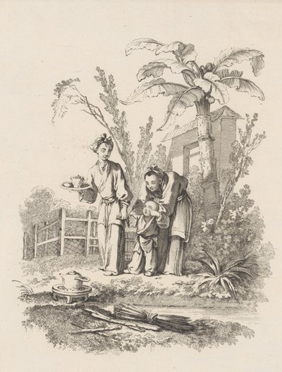 两个女人领着一个孩子走向池塘边桌子上的茶壶，约1742年。 作者 加布里埃尔·侯奎尔