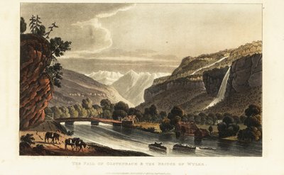 冰川景观； 阿尔卑斯山； 威勒 (Wiler) 的加德默瓦瑟 (Gadmerwasser) 瀑布和桥梁； 瑞士伯尔尼高地阿尔卑斯山 作者 加布里埃尔·路德维希（后）洛里