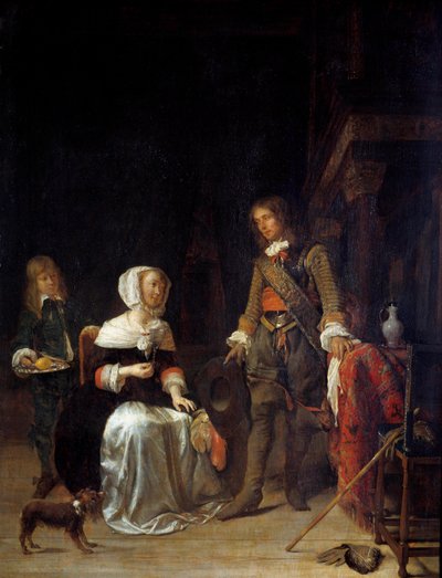 一名士兵拜访一位年轻女孩 绘画 Gabriel Metsu (1629-1667) 17 世纪 Sun。 0,63x0,47 m 作者 加布里埃尔·梅苏