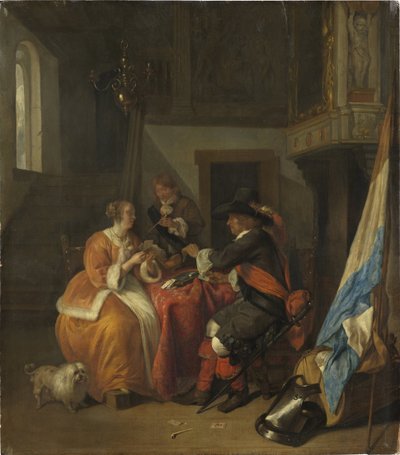 纸牌游戏 - 纸牌游戏，由 Metsu, Gabriel (1629-1667) 编写。 木头上的油 作者 加布里埃尔·梅苏