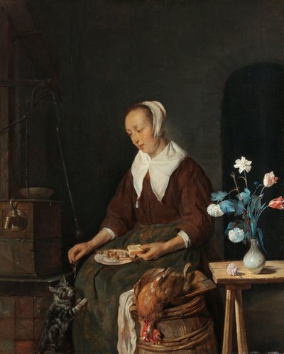 进食的女人，又名 "猫的早餐"，约 1661-64 年（木板油画） 作者 加布里埃尔·梅苏