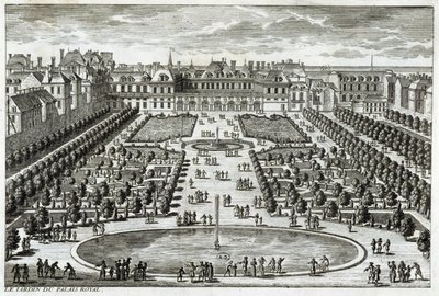 Parc du Palais Royal 在巴黎的视图。 Perelle 雕刻，17 世纪末。 作者 加布里埃尔·佩雷尔