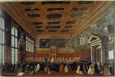 学院大使招待会（威尼斯，学院大使招待会） - Gabriele Bella（约 1730-1799 年）绘画，布面油画，99x150 厘米。 威尼斯，奎里尼·斯坦帕利亚基金会 作者 加布里埃尔·贝拉
