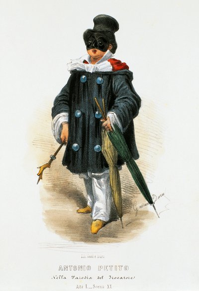 演员安东尼奥-佩蒂托（1822-1876）在模仿《游吟诗人》中的舞台装束，石版画，作者是加埃塔诺-杜拉（1805-1874）。 作者 Gaetano Dura