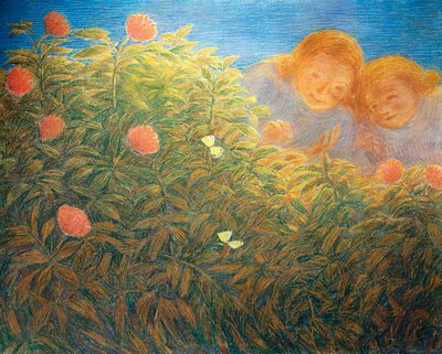 花和蝴蝶，盖塔诺-普雷维亚蒂（1852-1920），布面油画 作者 加埃塔诺·普雷维亚蒂（Gaetano Previati）