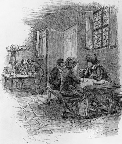 伦佐、托尼奥和格瓦斯在旅馆，第七章，盖塔诺-普雷维亚蒂（1852-1920）为亚历山德罗-曼佐尼（1785-1873）的历史小说《订婚者》所作的插图。 作者 加埃塔诺·普雷维亚蒂（Gaetano Previati）