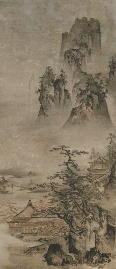 景观：山脉、溪流和房屋，室町时代，16世纪初。 作者 佐久学夫