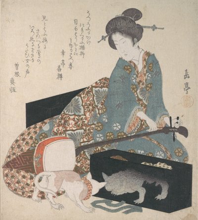 调整三味线的女人和一只看着自己倒影的猫，19世纪20年代中期。 作者 学亭