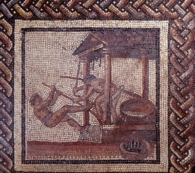 Gallo Roman Art: mosaic paving representing a rustic calendar. An oil press. End 2nd, beginning of 3rd century after JC. From Saint-Romain-en-Gal (Rhone). Saint Germain en Laye, National Museum of Archeology 作者 加洛·罗马
