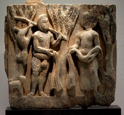 Exchange clothes with a hunter. Low relief sculpted, art of Gandhara (Pakistan), 2nd-3rd century. National Museum of Korea, Seoul (South Korea). 作者 hara陀罗学校