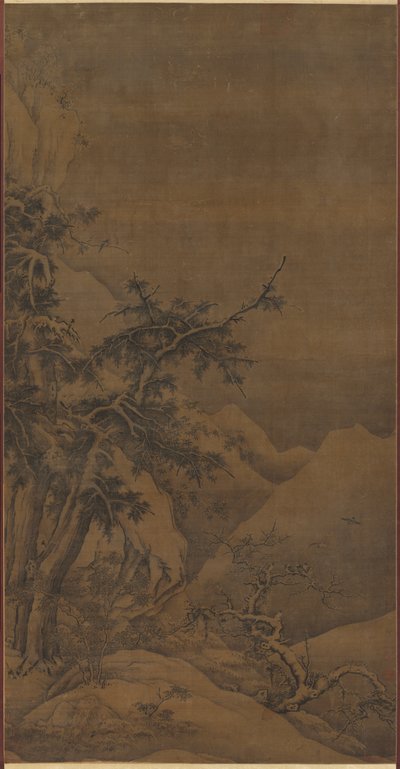 山区冬季风景中的树林里的鸟儿，1100年代。 作者 高涛