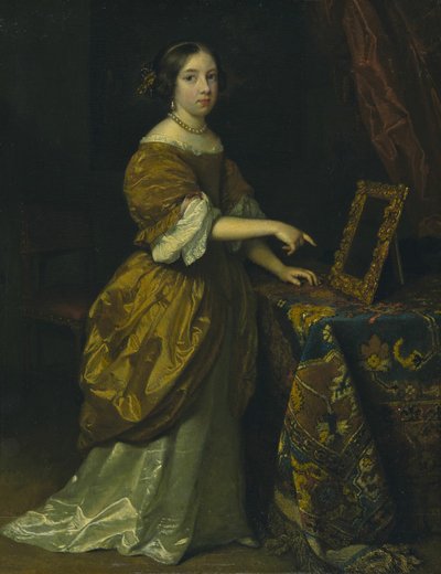 站在镜子前的女孩，1668年。 作者 加斯帕·内舍尔