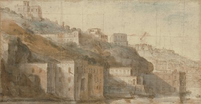 那不勒斯湾梅尔盖利纳风景，远处是卡波迪蒙特（红色和蓝色粉笔，钢笔和棕色墨水，水彩，红色和黑色粉笔画方格） 作者 加斯帕范 (1653 1736) 维特尔