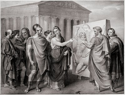 雅典政治家 Pericles（公元前 495-429 年）和他的同伴 Aspasie 指导 Phidias 为帕台农神庙的工作 a Athenes（Pericles 和 Aspasia 指导 Phidias 为雅典的帕台农神庙工作）在 Gaspare Landi（1756-1830 年）的一幅画之后雕刻。 19日 作者 加斯帕兰迪