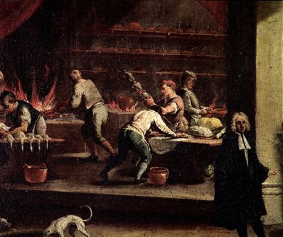 威尼斯厨师在厨房工作 细节 - 绘画归功于 Gaspare Diziani (1698-1767)，厨师艺术 (Arte dei cuochi) 威尼斯，Museo Correr 作者 加斯帕罗·迪齐亚尼（Gasparo Diziani）