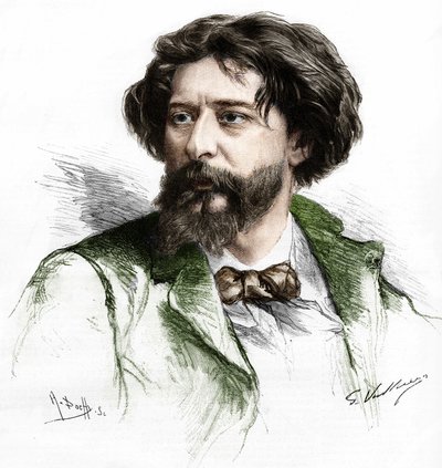 法国作家阿尔方斯-多德（1840-1897）的肖像。A. Pochy根据Gaston Vuillier的作品绘制的版画，日期为19世纪末。 作者 加斯顿（后）Vuillier