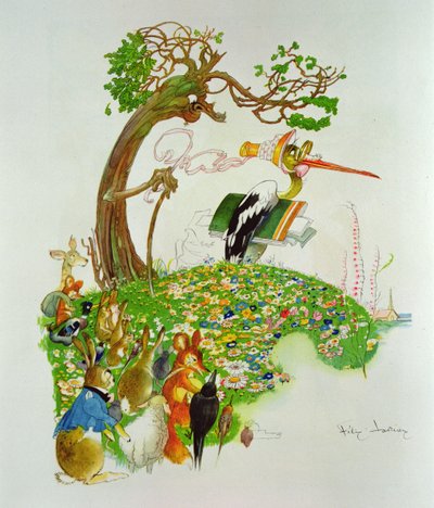 野兔和乌龟，来自Jean de La Fontaine的“寓言”（1621-95）（彩色雕刻） 作者 加斯顿·盖利伯特