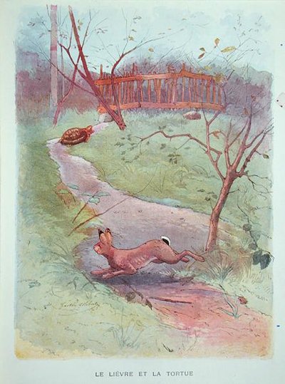 野兔和乌龟，20世纪初让·德拉方丹（1621-95）的寓言插图 作者 加斯顿·盖利伯特