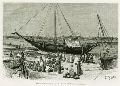 A tepe on the Zanzibar market (Tanzania). Engraving by G.Vuillier, to illustrate the story Voyage among the Benadirs, Somalis and Bayouns, in 1882 and 1883, by G.Revoil, in le tour du monde 1888, directed by Edouard Charton (1807-1890), Hachette, Paris. 作者 加斯顿·沃利耶（Gaston Vuillier）