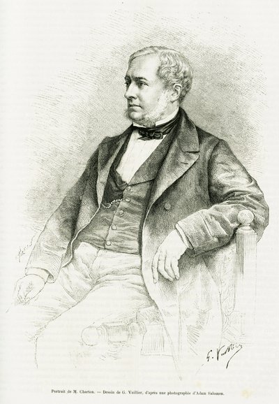 Portrait of Edouard Charton. Engraving by G.Vuillier, after a photograph by Adam Salomon, to illustrate the article entitled M. Charton by Paul Laffite in le tour du monde 1890, edited by Edouard Charton (1807-1890), Hachette, Paris. 作者 加斯顿·沃利耶（Gaston Vuillier）