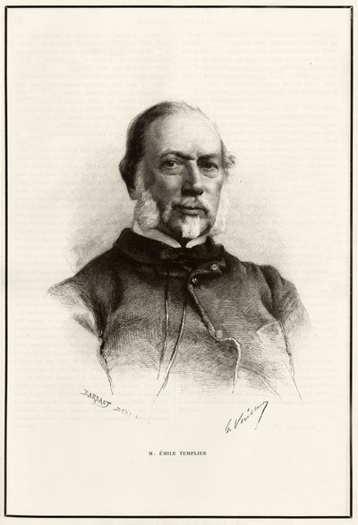 Emile Templier (1821-1891) 的肖像，Louis Hachette (1800-1864) 的合作者，负责“Tour du monde”的制造。 G.Vuillier 版画，说明故事“从巴黎到东京，穿越未知的西藏”，加布里埃尔·邦瓦洛 (Gabriel Bonvalo) 作者 加斯顿·沃利耶（Gaston Vuillier）