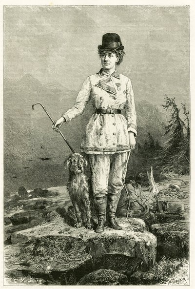 Portrait of Madame Marie De Ujfalvy-Bourdon, in travel dress, with her dog, married to ethnologist linguist and explorer Charles Eugene Ujfalvy (1842-1904), she accompanied him on all his expeditions. Engraving by G.Vuillier, after nature to illustrate the 作者 加斯顿·沃利耶（Gaston Vuillier）