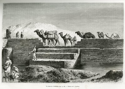 阿卜杜拉水库（沙特阿拉伯）。G.Vuillier的版画，用于说明安娜-布朗特女士在1878-1879年所写的故事 "pelerinage au Nedjed, cradle of the Arab race"，发表在《Tour du monde》上，由Edouard Charton（1807-18）指导。 作者 加斯顿·沃利耶（Gaston Vuillier）