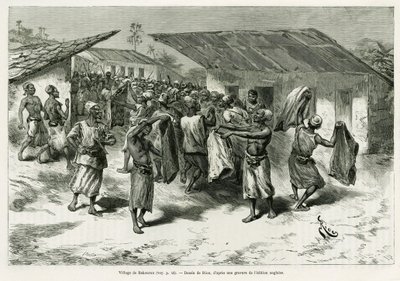 巴库鲁村，原住民获得了和平谈判的礼物。G.Vuillier的版画，为故事《非洲的土地》（Dans les tenebres de l