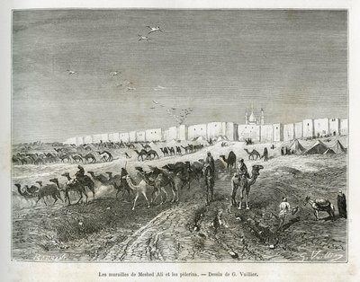 The walls of Meshed Ali (Ali Ibn Abi Talib, died in 661, cousin, disciple and son-in-law of Muhammad (570-632)) are located in the mosque of Najaf (Iraq) and the pelerins gather to celebrate the first and father of all imams. Engraving by G.Vuillier, to il 作者 加斯顿·沃利耶（Gaston Vuillier）
