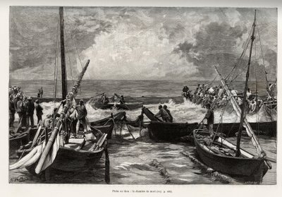 Tuna fishing (mattanza): the death chamber, tuna presses in a tight space are covered by the harpoons of the fishermen. Engraving and story “” La Sardaigne”” by Gaston Vuillier (1845-1915), in 1890, in Le tour du monde, nouveau journal des voyages, under t 作者 加斯顿·沃利耶（Gaston Vuillier）