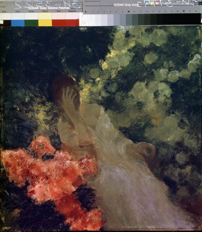 花园里。一位白衣女子面露绝望，用手掩面。加斯东-德拉图什（1854-1913 年）的画作 作者 加斯顿·德·拉图什